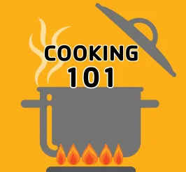 a drawing of a pot over flames with steam coming out of the top. The text reads, "cooking 101."