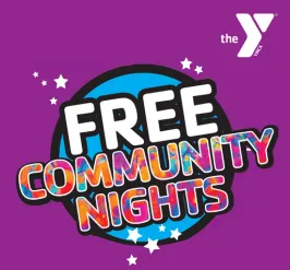 A circle around the words, "free community nights" surrounded by small stars. 
