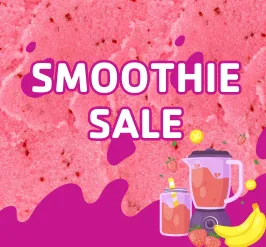 A pink smoothie texture with the words, "smoothie sale" and a blender with a banana and strawberries around it. 