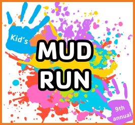 a colorful splatter pattern that looks like mud. There are two muddy hand prints that read, "kid's mud run, 9th annual."