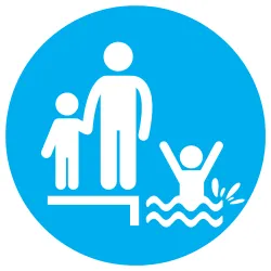 an illustration of a parent standing on the swim deck holding their child's hand, while their other child plays & splashes around in the pool.