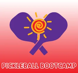 Two pickleball paddles crossed with a sun-shaped pickleball between them.