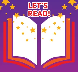 a book with stars coming out of it and text that reads, "let's read!"