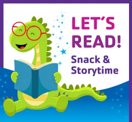 A happy dinosaur reading a book.