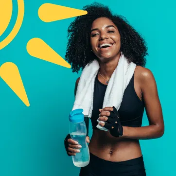 A smiling woman wearing workout clothing, holding a water bottle, with a towel draped around her shoulders. There is an illustration of a sun shining on her.
