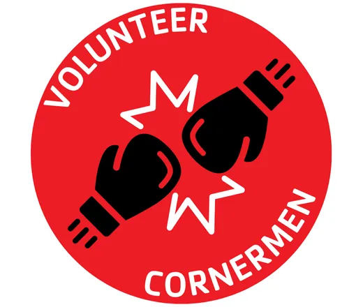 Volunteer cornermen. Two boxing gloves.