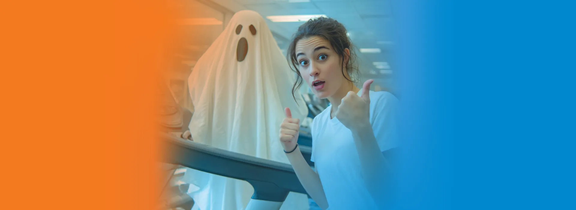 A woman with a ghost on the treadmill.
